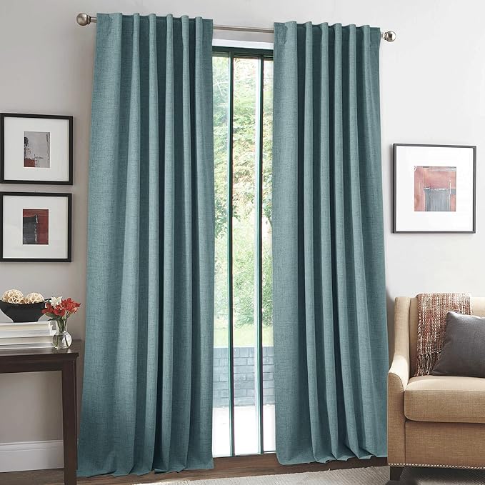 RYB HOME 100% Blackout Linen Textured Curtains 108 inches Long, Thermal Insulating Privacy Energy Saving for Bedroom Living Room Window Office Theater Baby Nursery, W 52 x L 108 in, Misty Blue, 2 Pcs
