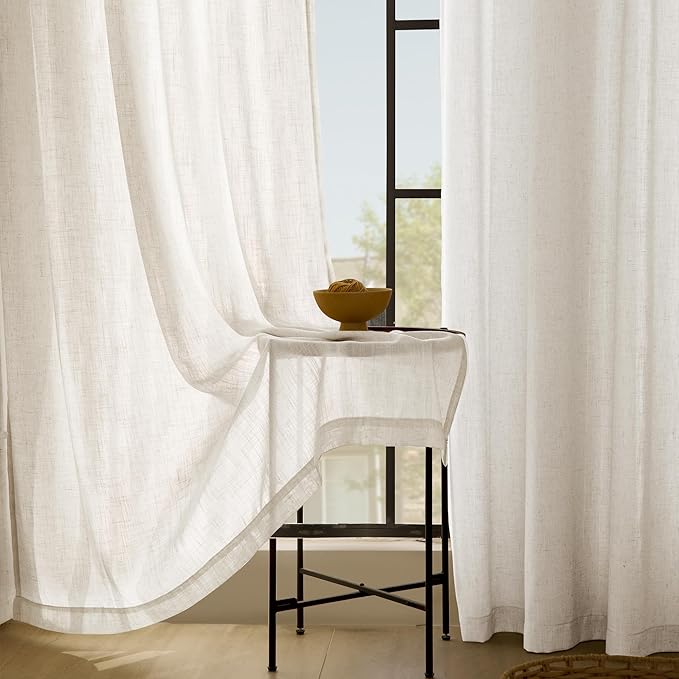 Extra Long 132 inch Curtains Linen Blend for Living Room Back Tab Neutral Rustic Farmhouse Light Filtering Semi Sheer Linen Drapes 132 inch Ceiling to Floor For Large Window Villa Hallway Ivory 11 FT