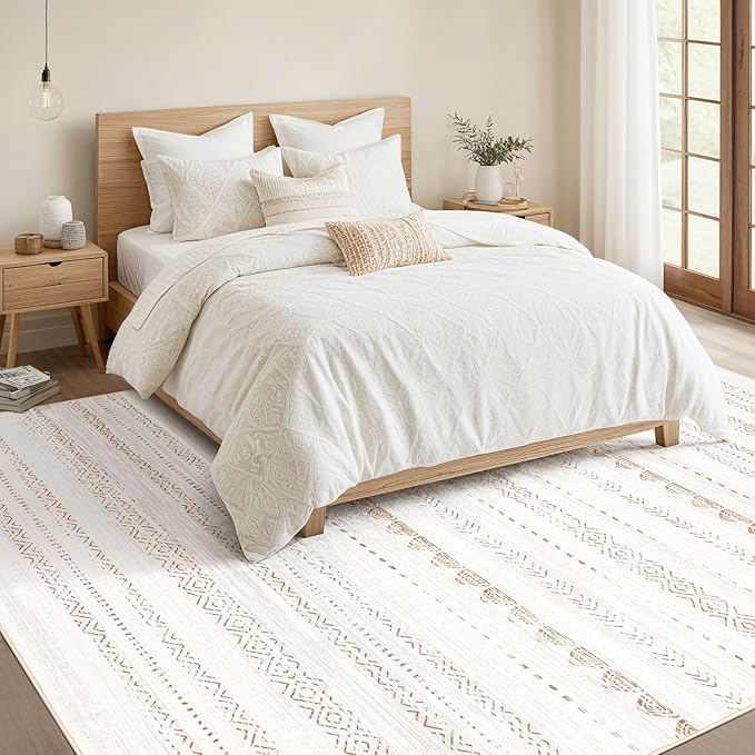 Nakagishi Area Rug Living Room Rugs: 9x13 Large Soft Machine Washable Boho Moroccan FarmNeutral Stain Resistant Indoor Floor Carpet for Bedroom Under Dining Table Home Office Decor-Beige Brown