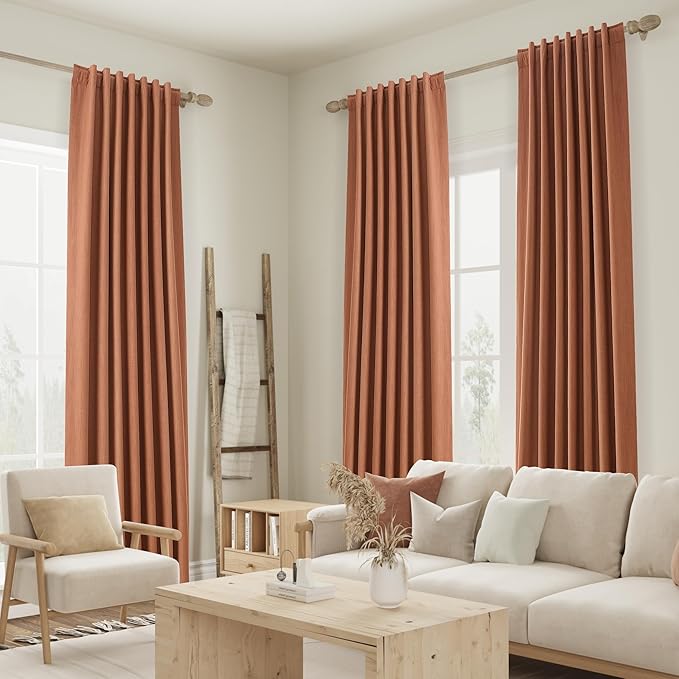 Guken Terracotta 100% Blackout Curtains 90 Inch Length 2 Panels Set Fall Curtains for Living Room Bedroom Back Tab Thermal Insulated Black Out Linen Drapes, 52x90