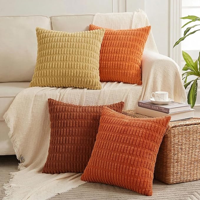 Fancy Homi Set of 4 Burnt Orange Fall Boho Decorative Throw Pillow Covers 24x24 Inch for Couch Bed Sofa, Aesthetic Modern Bohemian Room Decor, Soft Fuzzy Fluffy Cozy Corduroy Cushion Case 60x60cm