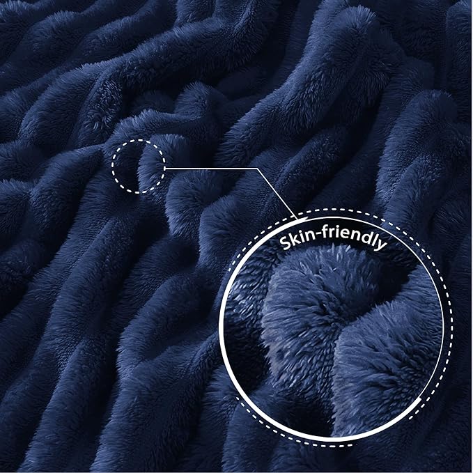 Exclusivo Mezcla Twin Size Flannel Fleece Blanket, Super Soft Striped Jacquard Bed Blanket, Lightweight Fuzzy Cozy for All Seasons, 60x80 Inches, Navy Blue