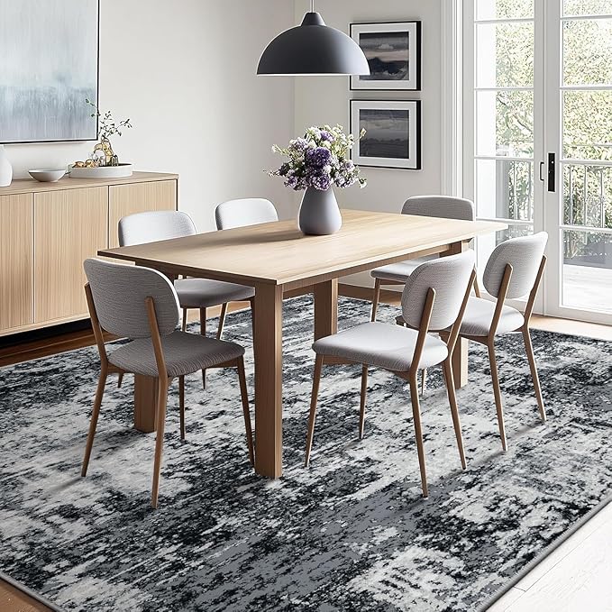 Washable Area Rugs Square 7ft Non-Slip Modern Abstract Soft for Living Room Entryway Bedroom Nursery, Print Pattern, Black Navy Blue Gray