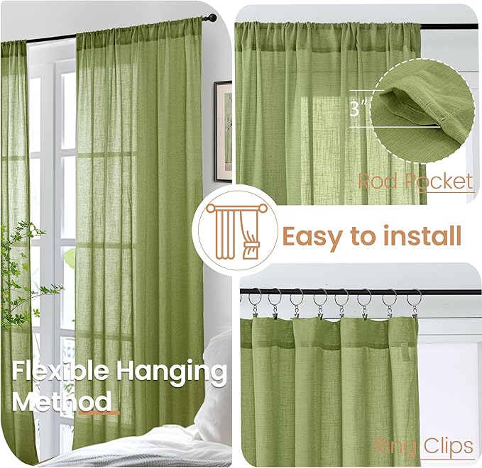 BGment Olive Green Linen Curtains 36 Inch Length for Short Kitchen Window - Rod Pocket Small Drapes Sheer Light Filtering for Cafe Bedroom Decor Lightweight Natural Rustic, 2 Panels Set, 42 X 36 Inch