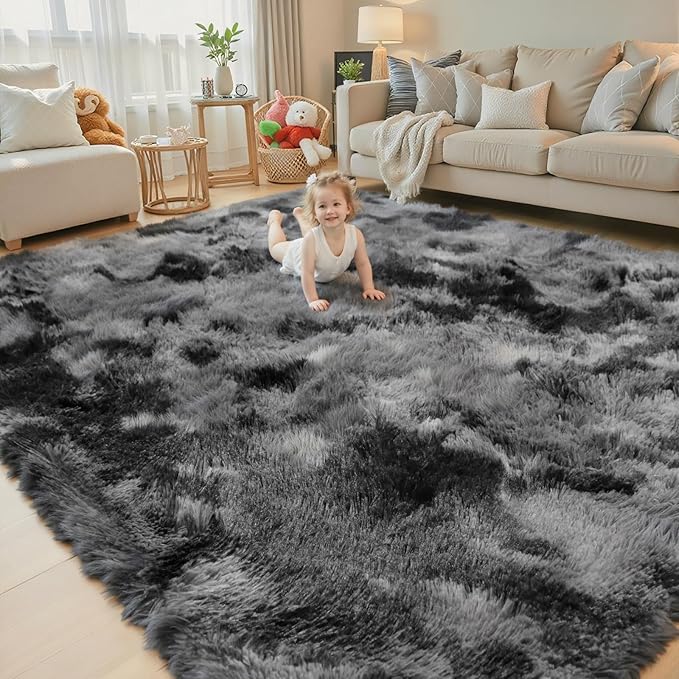 3x5 Rug, Bedside Preppy Dorm Area Rug, College Essentials Grey Small Carpets for Bedroom, Anti Slip Fluffy Gray Living Room Rugs Home Decor Aesthetic(3 x 5, Dark Grey Tie-Dyed)