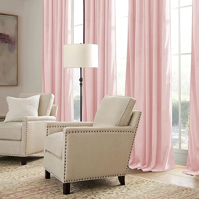 RYB HOME Pink Velvet Curtains 96 inches, Back Tab Soft Fabric Room Darkening Thermal Insulated Luxurious Home Decor Curtains for Living Room Bedroom, W 52" x L 96", 2 Panels Set