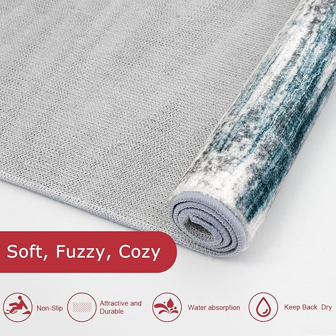 KOZYFLY Modern Abstract Hallway Runner Rug, 2.6x12 Washable Rug Runner Non-Slip Soft Striped Kitchen Runner Rugs, Print Blue Carpet Runner for Entryway Bathroom Laundry Room Foyer