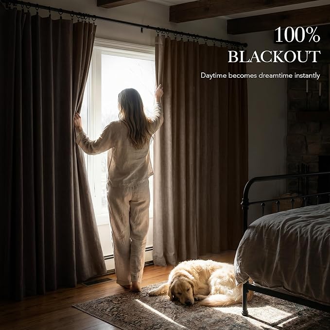 RYB HOME 100% Blackout Polyester Textured Curtains 90 inches Long, Thermal Insulating Privacy Energy Saving for Bedroom Living Room Window Office Theater Dining Nursery, W52 x L90 in, Coffee, 2 Panels