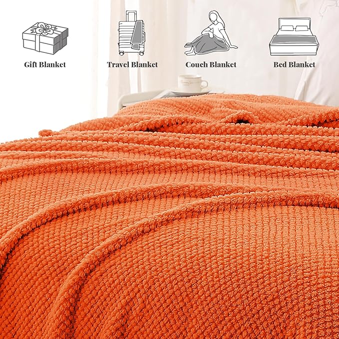 Whale Flotilla Twin Size Fuzzy Fleece Blanket, Fluffy Warm Soft Jacquard Bed Blankets for All Season, Lightweight and Cozy, 60x80 Inch, Burnt Orange