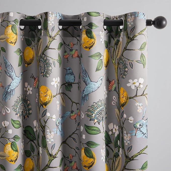 Topfinel Black Dark Floral Grey Blackout Curtains, Gray Decorative French Country Grommet Dark Academia Antique Decor Hummingbird Window Covering for Living Room Bedroom Dining,84 Inch Length