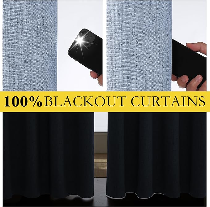 NICETOWN Stone Blue Vintage Linen 100% Blackout Curtains for Living Room, Thermal Insulated Curtains 90" Long, Noise Reducing Window Treatment Drapes for Hall Room, 42" Wide Per Panel, Set of 2