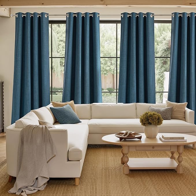 NICETOWN Short Faux Linen Stone Blue Blackout Curtains 63 inches Long for Kitchen - Privacy Panels for Living Room Bedroom, Modern Farmhouse Style Easy Care Grommet Top, 2 Panels, W42 by L63