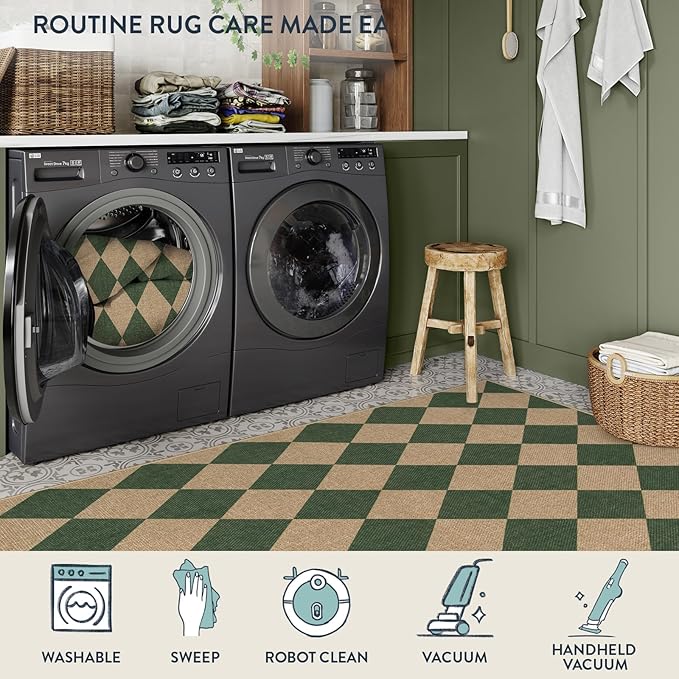 Lahome Colette Checkered Outdoor Patio Easy Jute Rug, 3x5 Dark Green Washable Front Porch Door Rug, Farmhouse Indoor Outdoor Carpet Non Slip Non Shedding Carpet for Entryway Living Room Deck