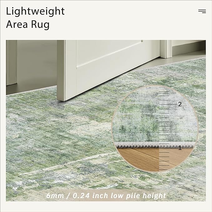 Washable Area Rug 8x12, Large Soft Rugs for Living Room Vintage Green/Ivory Carpet 8x12 Area Rugs for Bedroom Dining Room Non-Slip Stain Resistant Under Table Rug