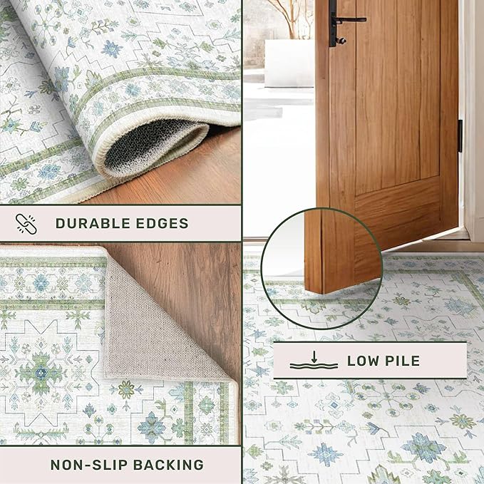 Hazo Haus Oushak 3x10 Wide Hallway Runner Rug - Vintage Turkish Floral, Washable Low Pile Non Slip 10ft Long Runners for Kitchen, Hall Way - Light Blue and Green