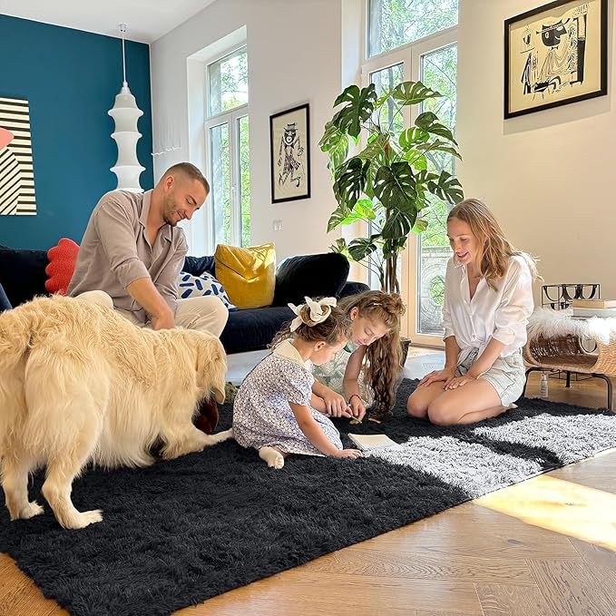 OLANLY 4x7 Area Rugs for Living Room Bedroom, Machine Washable Soft Fluffy Shaggy Bedside Rug, Indoor Floor Carpet for Kids Girls and Boys, Dorms, Nursery Rooms, Home Decor Aesthetic, Black