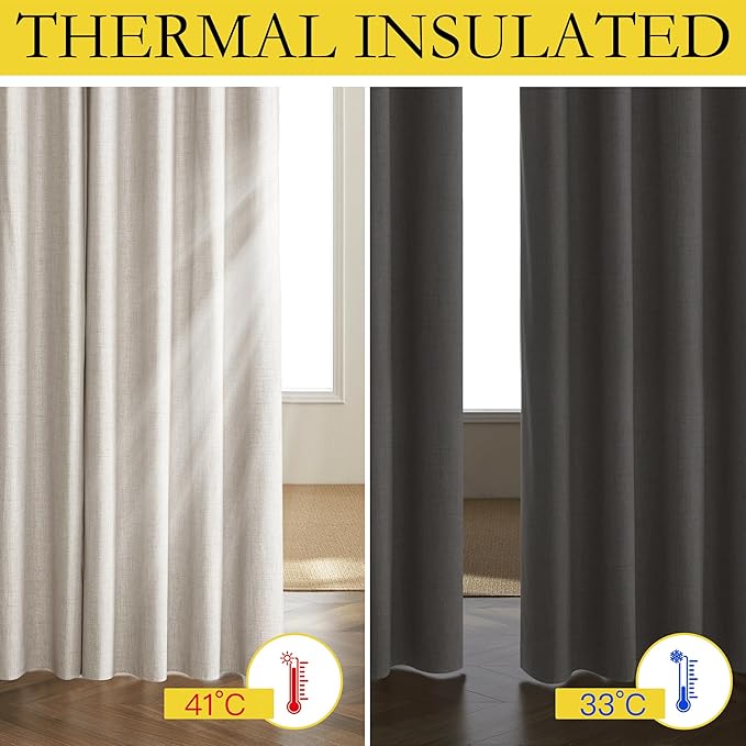 NICETOWN Brich Vintage Open Linen Weave Flax Thermal Curtains, 100% Blackout Curtains 84 inches Long for Dining Room, Soundproof Window Treatment Drapes for Hall Room, 52" Wide Per Panel, Set of 2