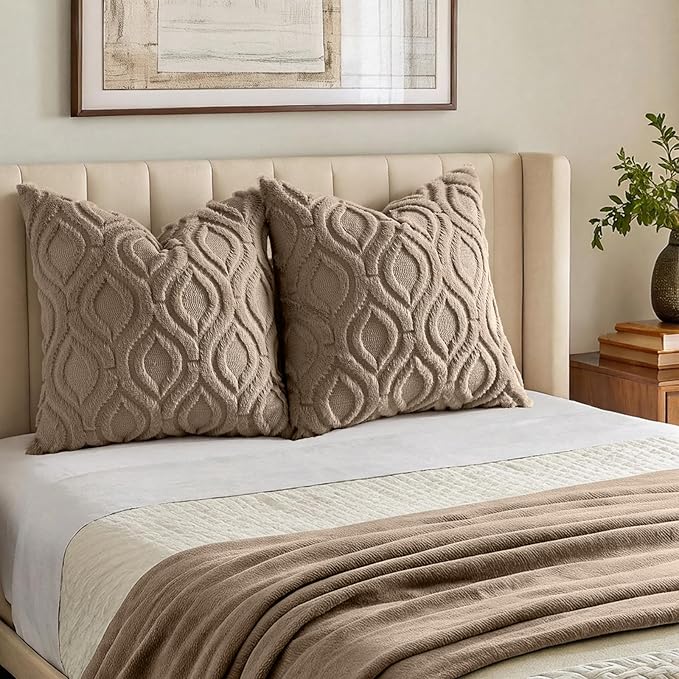 decorUhome Throw Pillow Covers 26x26 Inch Set of 2, Soft Plush Faux Wool Light Brown Solid Couch Pillow Covers, Accent Euro Sham Farmhouse Neutral Square Pillow Cases for Sofa Bed Living Room