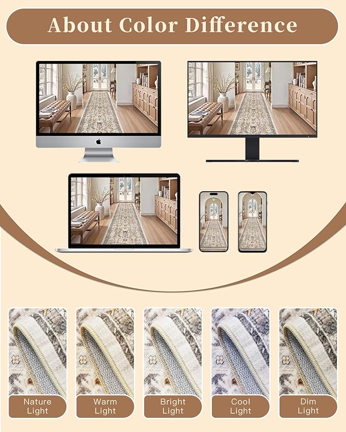 Madane Area Rug 4x6 Washable Rugs: Vintage Living Room Rug Soft Low Pile Non Slip Area Rugs Distressed Indoor Floor Carpet for Bedroom Kitchen Dining Room Home Decor, Brown/Gold