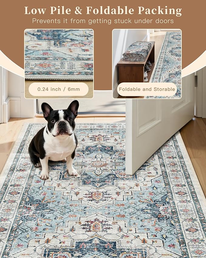 Madane Washable Area Rug 2x4, Small Entryway Rug Non-Slip Vintage Door Mat Indoor Entrance, Low Pile Floor Carpet Runner for Inside Front Door Kitchen Entry Laundry, Blue