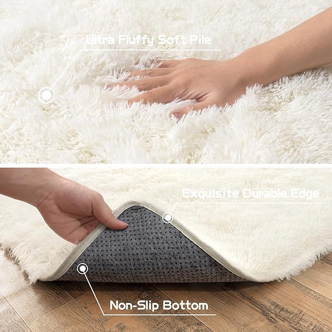Pionblank 8x10 Rug for Living Room, Fuzzy Plush Large Area Rug, Fluffy Modern Shag Non Slip Soft Furry Carpet for Bedroom Kids Room Nursery Teens Dorm Home Decor, Cream White