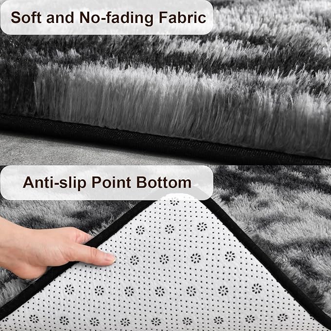 TWINNIS Super Soft Shaggy Rugs Fluffy Carpets 5x7 Feet, Indoor Modern Plush Area Rugs for Living Room Bedroom Kids Room Nursery Home Decor, Upgrade Anti-Skid Fuzzy Rug, Black and Grey