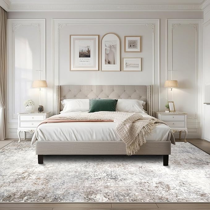 Washable Rugs 6x9 Area Rugs for Living Room,Modern Abstract Rugs for Bedroom,Large Carpets,Ultra Soft Faux Wool Retro Dining Room Rug,Non Slip&Non-Shedding Low Pile Print Rug- Beige Grey