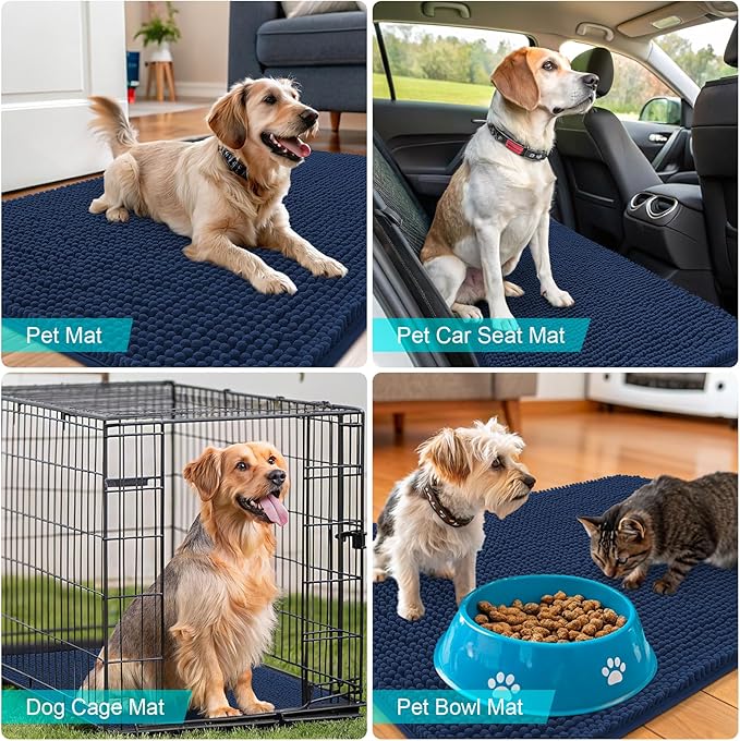 OLANLY Dog Door Mat for Muddy Paws 50x30, Absorbs Moisture and Dirt, Absorbent Non-Slip Washable Doormat, Quick Dry Chenille Mud Mat for Dogs, Entry Indoor Entryway Carpet for Inside Floor, Dark Blue