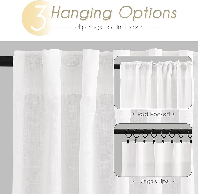 White Curtains 102 inches Long 2 Panels Back Tab Light Filtering Cotton Textured Curtain Modern Farmhouse Coastal Decor Off White Linen Drapes 102 inch Length for Patio Sliding Door Office Bedroom