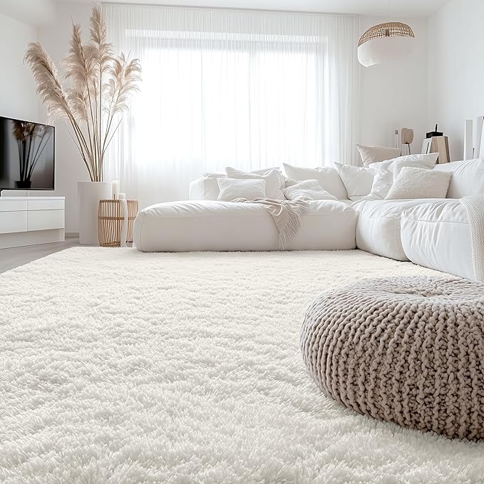OLANLY 7x12 Machine Washable Large Area Rugs for Living Room, Bedroom, Soft Fluffy Shaggy Bedside Rug, Indoor Floor Carpet for Kids Girls and Boys, Dorms, Nursery, Home Decor Aesthetic, Ivory