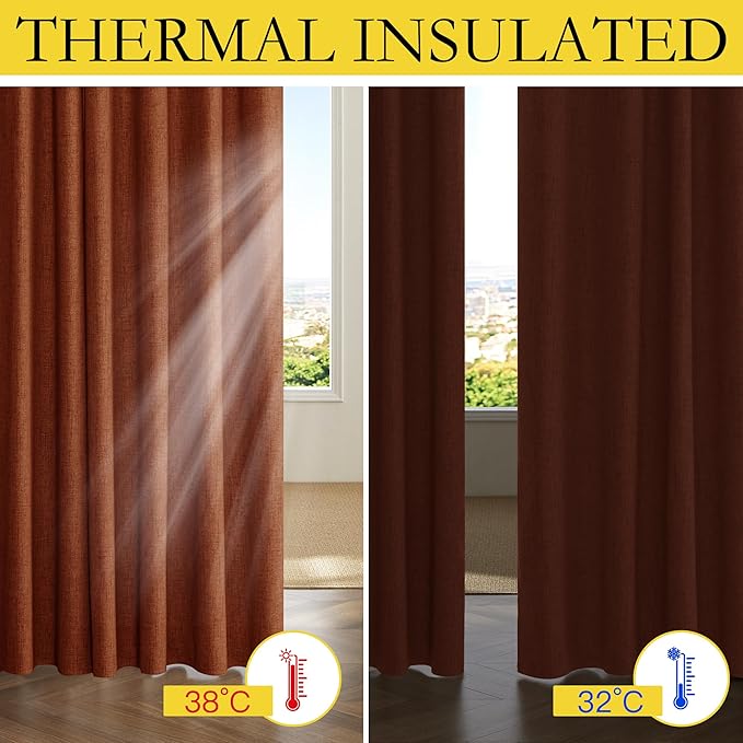 NICETOWN 100% Absolutely Blackout Linen Curtains with Thermal Insulated Liner, 52" Wide, 2 Panels, 102" Long Drapes, Grommet Retro Burnt Orange Linen Curtains Vertical Drapes Privacy for Bedroom