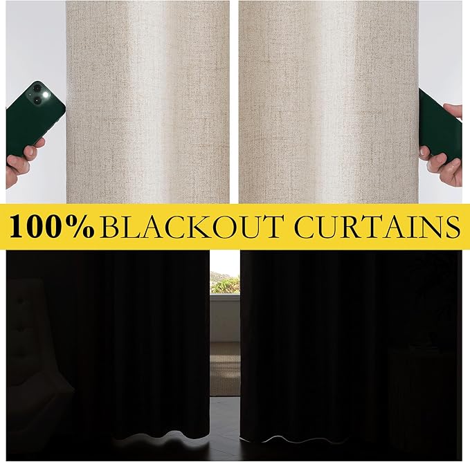 NICETOWN Oatmeal Vintage Open Linen Weave Flax Thermal Curtains, 100% Blackout Curtains 72" Long for Dining Room, Soundproof Window Treatment Drapes for Laundry Room, 62" Wide Per Panel, Set of 2