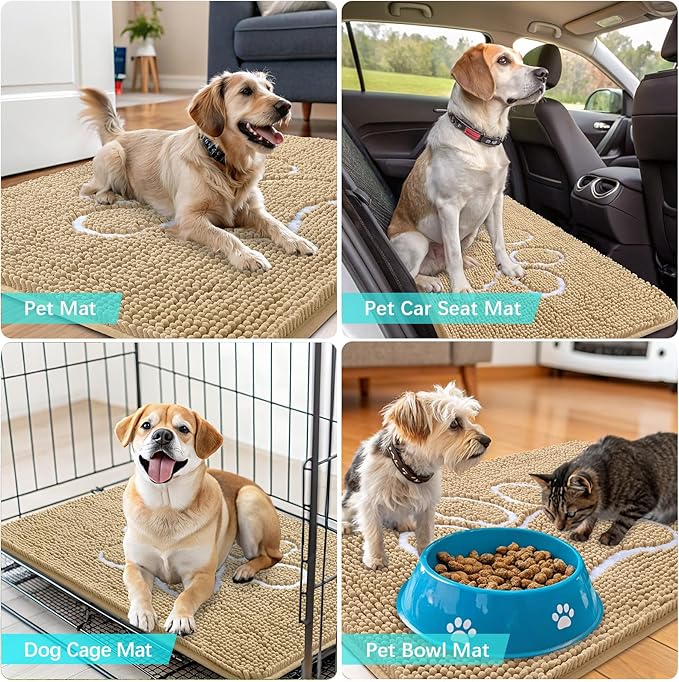 OLANLY Dog Door Mat for Muddy Paws 44x24, Paw Print Design, Absorbs Moisture and Dirt, Absorbent Non-Slip Washable Doormat, Quick Dry Chenille Mud Mat for Dogs, Entry Indoor Entryway Carpet, Beige