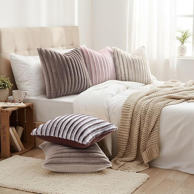 decorUhome Cozy Faux Fur Throw Pillow Covers 22x22 Set of 2 Decorative Soft Plush Striped Modern Farmhouse Boho Couch Euro Sham Pillow Cases with Velvet Back for Sofa Bed Living Roomr, Light Coffee