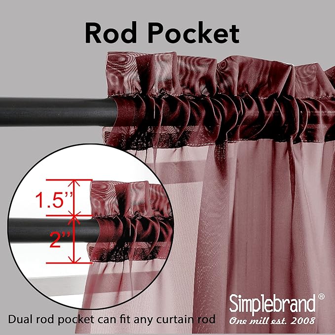 Simplebrand Red Sheer Curtains 96 Inches Long, Light Filtering Rod Pocket Solid Color Window Sheer Curtain Panels, Elegant Curtains & Drapes for Living Room, Bedroom 2 Panels (Burgundy, 42" W x 96" L)
