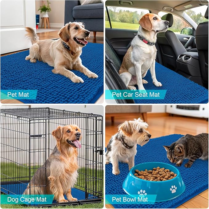 OLANLY Dog Door Mat for Muddy Paws 70x35, Absorbs Moisture and Dirt, Absorbent Non-Slip Washable Doormat, Quick Dry Chenille Mud Mat, Entry Indoor Entryway Carpet for Inside Floor, Deep Navy Blue