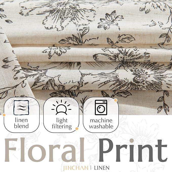 jinchan Lined Linen Blend Curtain Floral Curtains for Living Room 96 Inches Long Black Peony Flower Printed Curtain Back Tab Farmhouse Patterned Drapes Bedroom Window Curtains Set 2 Panels