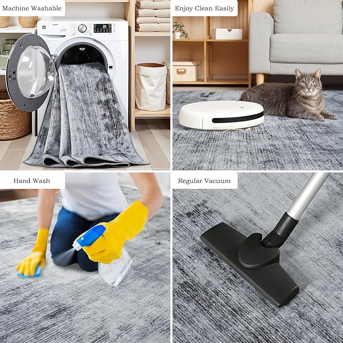 Toneed Abstract Area Rug 9x12 Modern Washable Rug Soft Non Slip Rug Low Pile for Bedroom Living Room Dining Room Grey