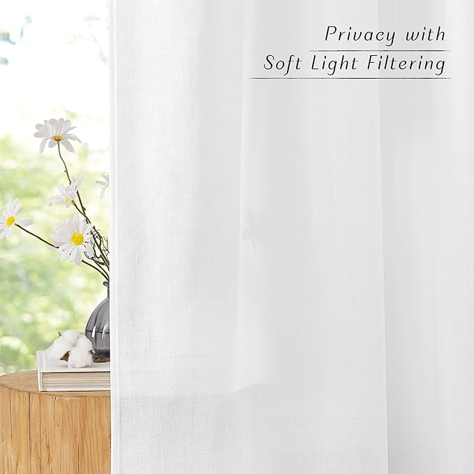 NICETOWN White Linen Kitchen Curtains 36 inches Long, Grommet Short Curtains Small Window Treatments Thick Flax Linen Weave Privacy Added with Light Filtering for Cafe, W55 x L36, 2 Panels