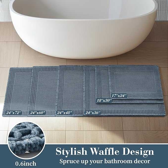 RESARE Waffle Bath Rug for Bath, Super Absorbent Non Slip Machine Washable, Ultra Soft Boho Rug with Tassels, Upgraded Design, 18"x30" Blue