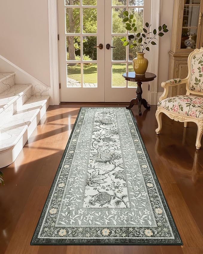 GarveeHome Sage Green 2.5 x 8 Washable Kitchen Runner Rugs Non Slip Provence Vintage Boho Cottage Long Rug for Hallways Bedroom Entryway Bathroom Mat with Rubber Back