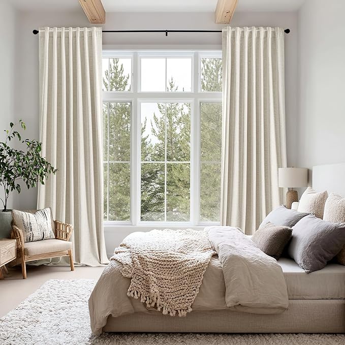 MIULEE 100% Blackout Linen Curtains for Bedroom, Linen Beige Solid Luxury Decor Thermal Insulation Room Darkening Drapes for Living Room Nursery Back Tab Rod Pocket 42 x 63 Inches, 2 Panels