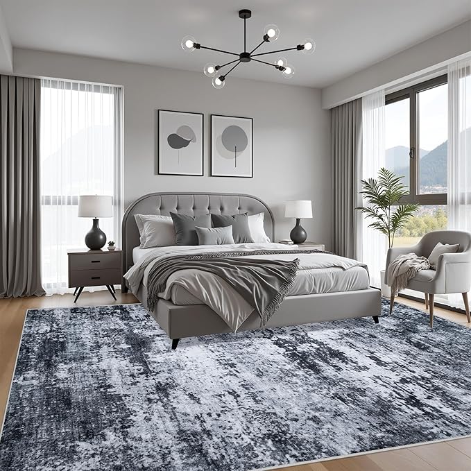 10x12 Area Rug Living Room Rug: Washable Modern Abstract Soft Thin Rug Indoor Floor No Slip Stain Resistant Carpet for Bedroom Dining Room Farmhouse Nursery Home Office - Black