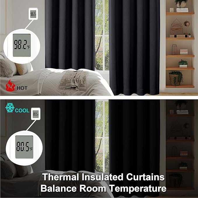 Simplebrand Black Blackout Curtains for Bedroom 102 Inches Long 2 Panels, Solid Thermal Insulated, Energy Saving Living Room Window Treatment Curtains Blackout Drapes, W50 x L102 Inch, Black