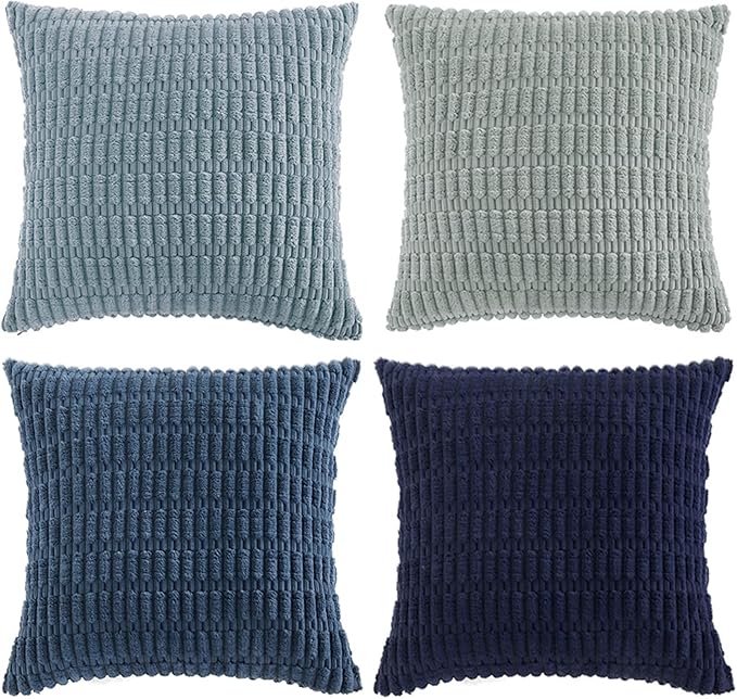 Fancy Homi Set of 4 Blue Boho Decorative Throw Pillow Covers 26x26 Inch for Couch Bed Sofa, Aesthetic Modern Bohemian Room Decor, Fuzzy Fluffy Cozy Corduroy Textured Coastal Blue Cushion Case 66x66cm