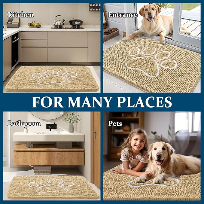 OLANLY Dog Door Mat for Muddy Paws 70x32, Paw Print Design, Absorbs Moisture and Dirt, Absorbent Non-Slip Washable Doormat, Quick Dry Chenille Mud Mat for Dogs, Entry Indoor Entryway Carpet, Beige