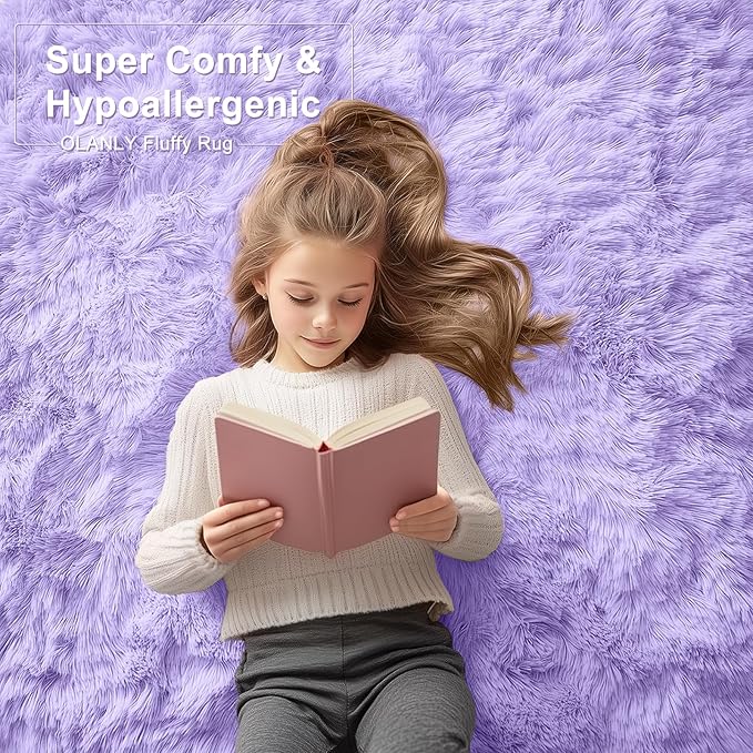OLANLY 6x9 Machine Washable Large Area Rugs for Living Room, Bedroom, Soft Fluffy Shaggy Bedside Rug, Indoor Floor Carpet for Kids Girls and Boys, Dorms, Nursery, Home Decor Aesthetic, Light Purple