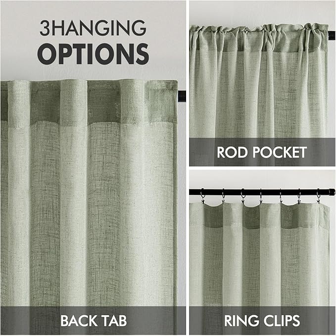 MIULEE Sage Linen Curtains 54 Inch Length 2 Panels for Bedroom Living Room,Green Soft Thick Linen Textured Short Window Drapes Semi Sheer Light Filtering Back Tab Rod Pocket Burlap Look Decor