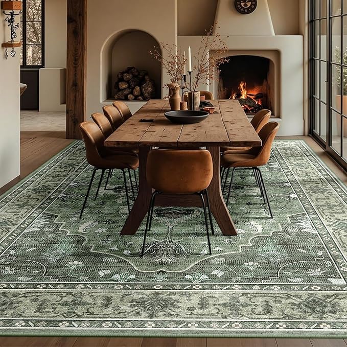 Area Rugs 10'x12' Washable Non-Slip, Floral Vintage Distress Print Pattern Medallion Carpet for Living Room Bedroom Dining Room, Dark Green Gray