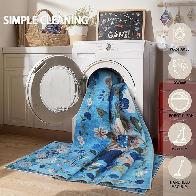 Washable Area Rug 8x10, Large Soft Rugs for Living Room Floral Blue Carpet 8x10 Area Rugs for Bedroom Dining Room Non-Slip Stain Resistant Under Table Rug (8 x 10, Blue Garden)